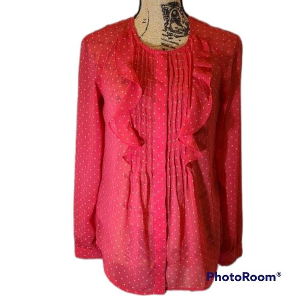 Loft fuchsia pink star print sheer pleated ruffled front button blouse s… - Picture 1 of 9